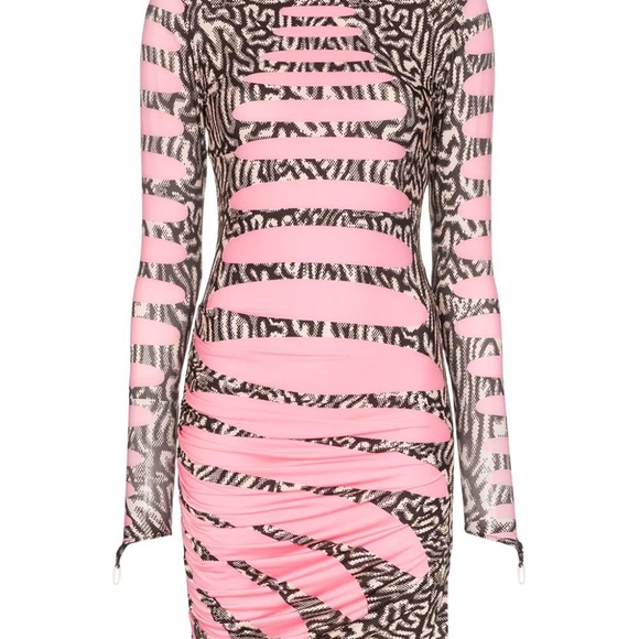 Maisie Wilen Ruched Printed Stretch-Jersey Turtleneck Mini Dress — Pink, Size XS - Picture 7 of 7